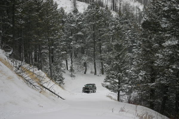 Tom's Scout at the bottom of the icy hill