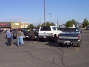 Meet at County Market at 9am.  L-R Don, Tyler, Dennis, Allison, with Tom's Scout, Brandon's Blazer, Tyler's Stubby, Dennis' Blaz